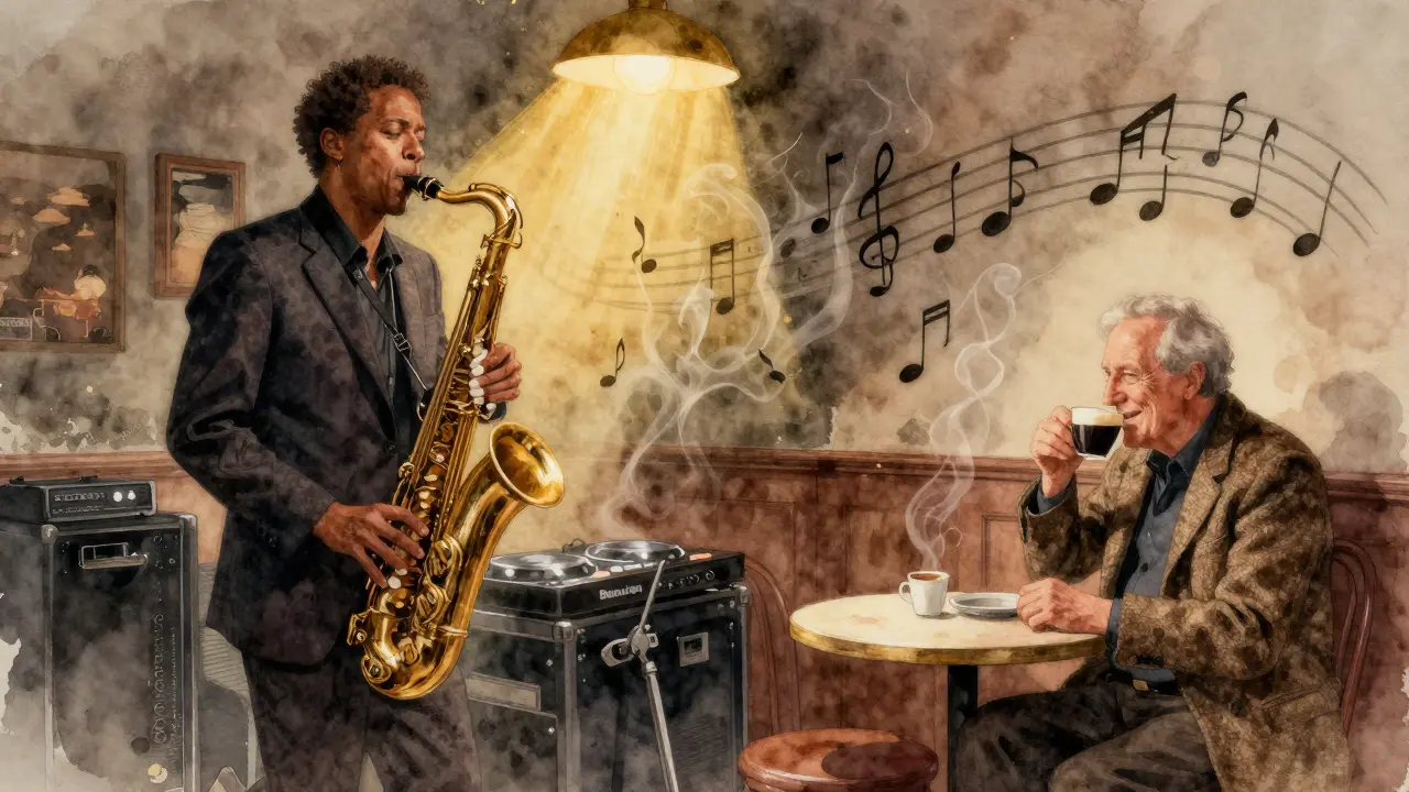 Live jazz saxophone blends with house beats at Badaboum Sunday, quiet corner with espresso, warm golden light, serene atmosphere.