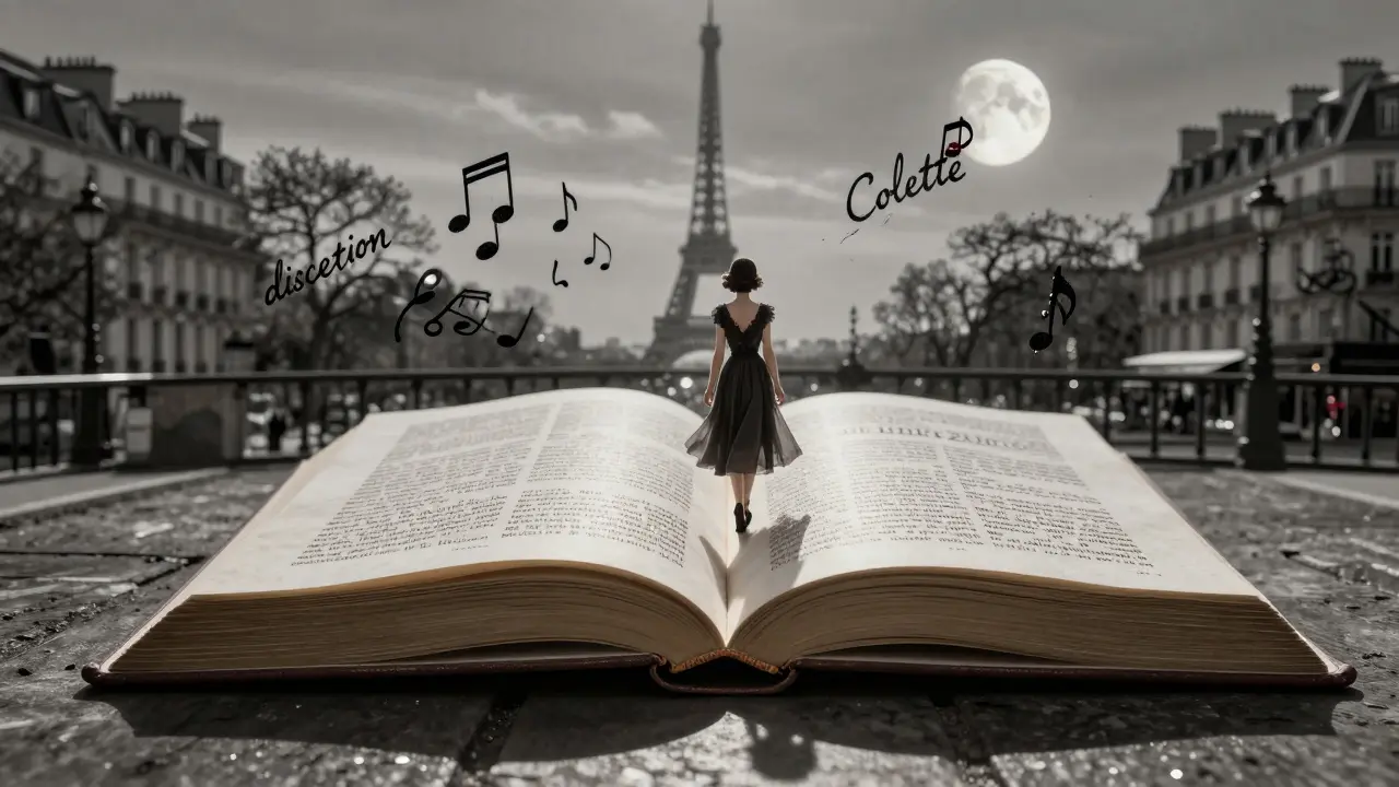 Paris unfolds as a living book, with a woman walking through streets formed by floating words and hidden secrets.