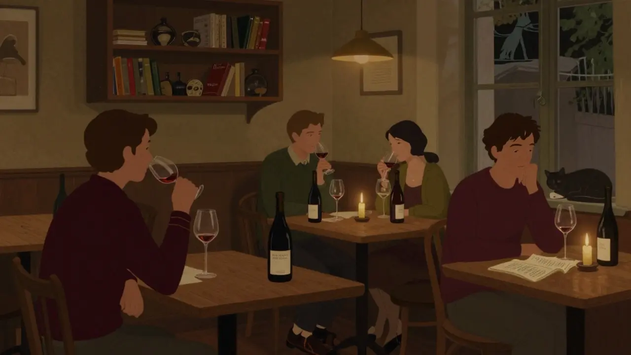 Patrons whisper over wine in a cozy, book-filled basement bar lit by candlelight.