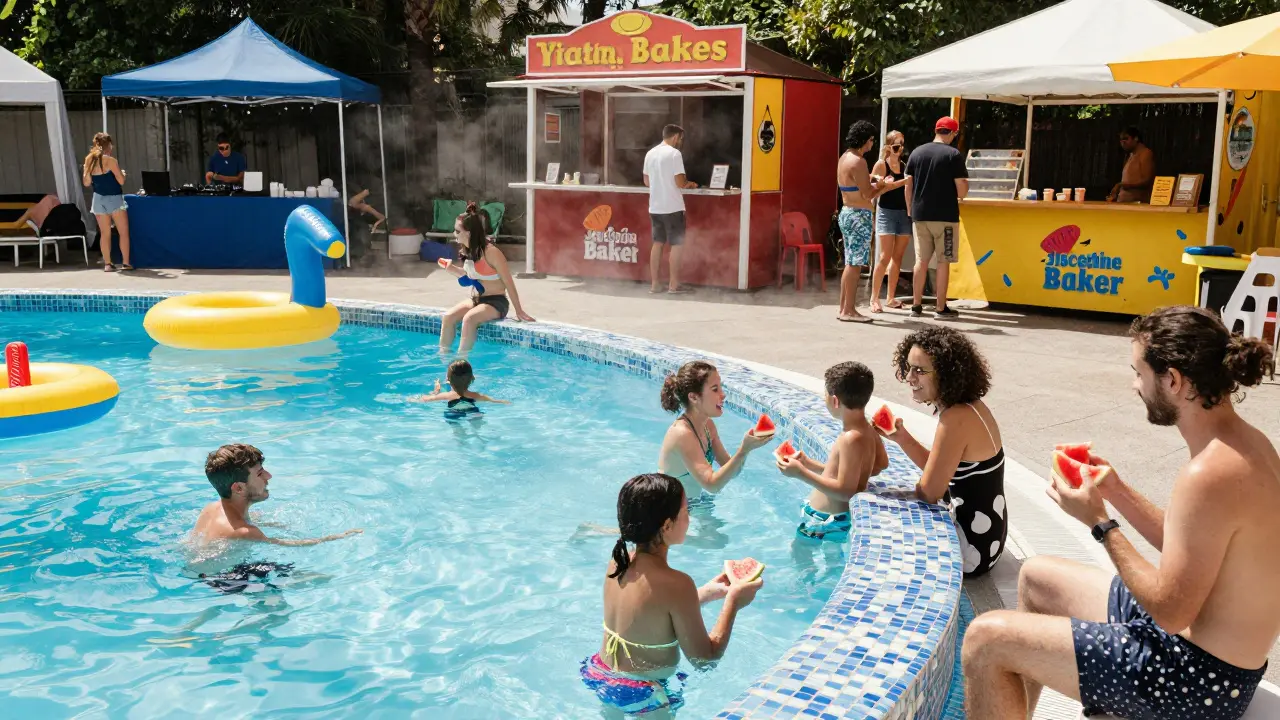 Public pool party at Piscine Josephine Baker with families, food stalls, and a DJ under bright sun.