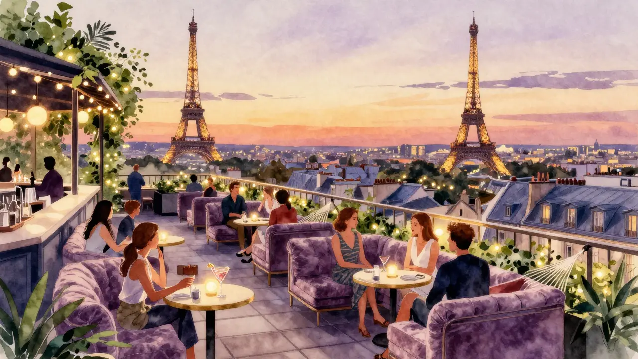 Rooftop bar Le Perchoir at dusk with guests lounging, hammocks, and Paris skyline glowing below.