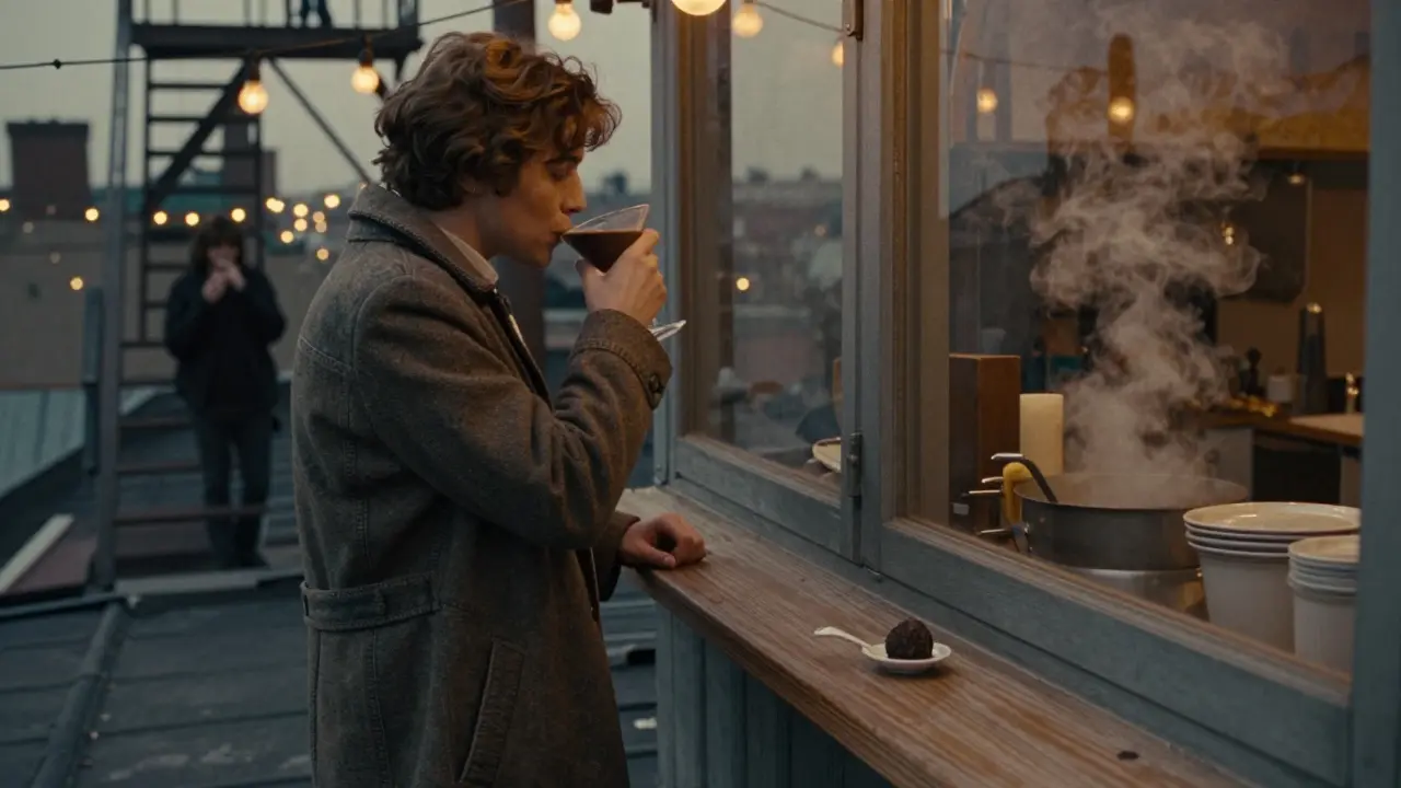 Rooftop gathering in Saint-Germain at night, one person in vintage coat sipping a cocktail under string lights.