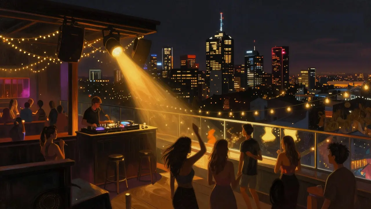 Rooftop party in Southbank with city skyline and DJ under string lights.