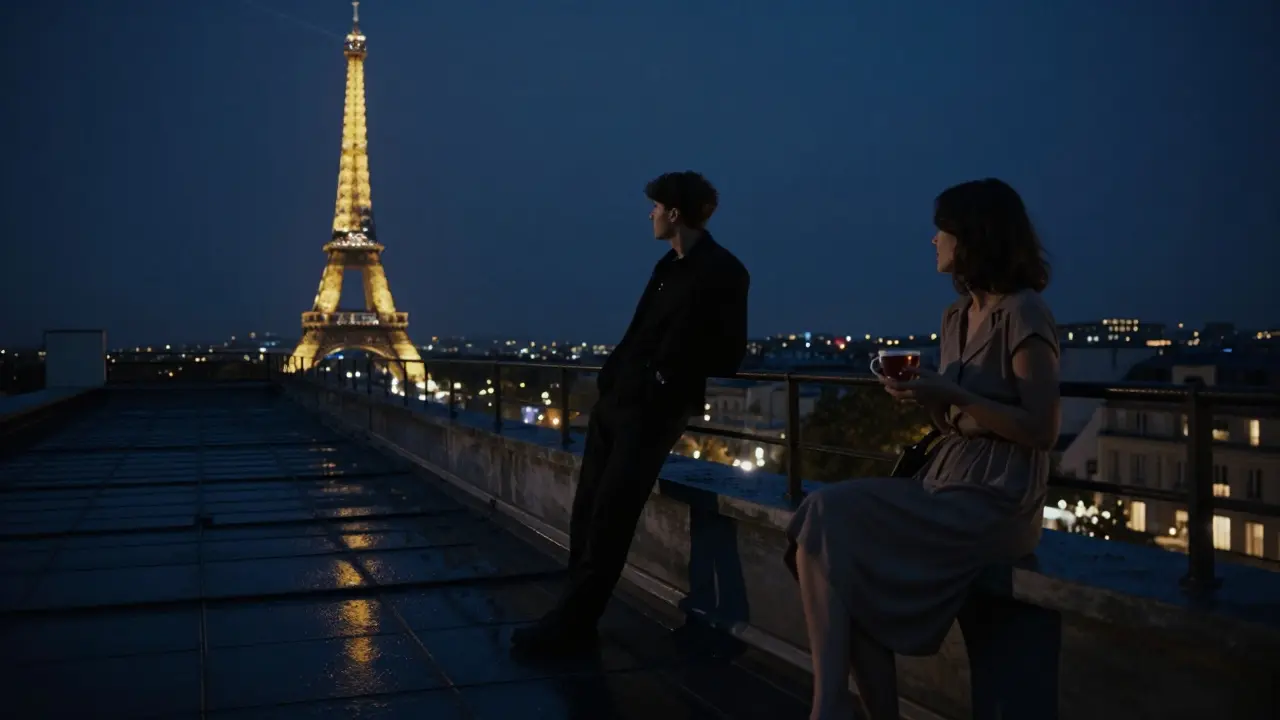 Silhouettes on a rooftop terrace at night, overlooking Paris’s distant city lights.
