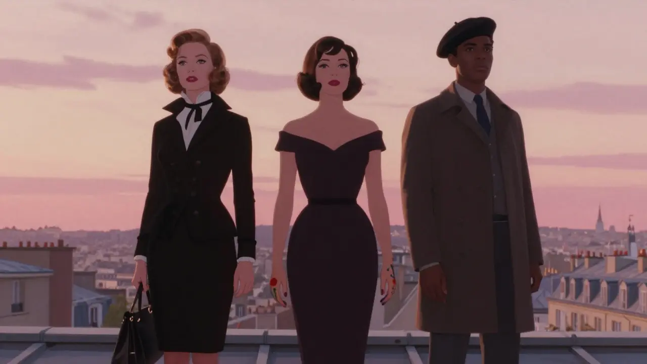 Three enigmatic figures stand on a Paris rooftop at dawn, each embodying a different style of companionship in pastel hues.