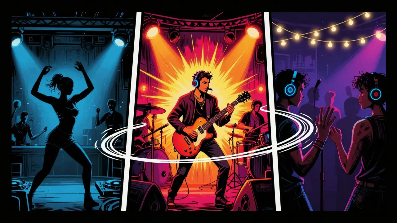 Three nightlife scenes: underground techno, live band, and silent disco.