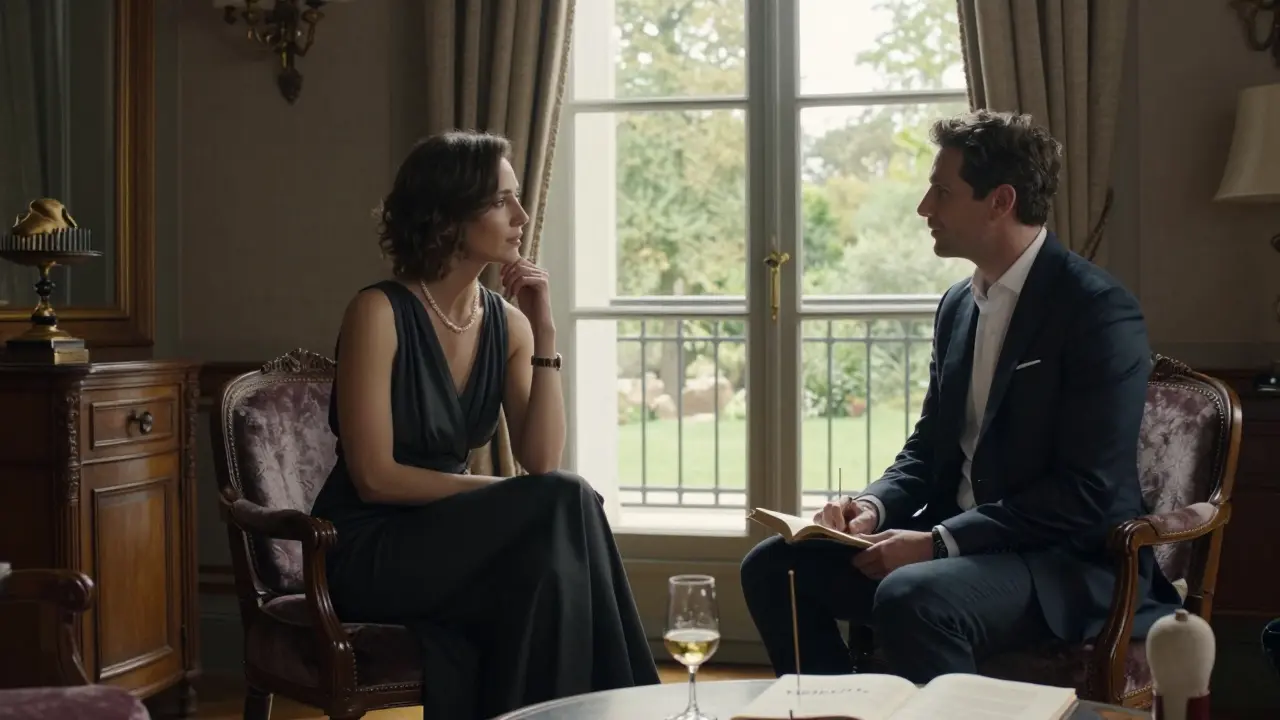 Two elegant figures converse in quiet intimacy inside a Parisian salon, candlelight reflecting off books and fine glassware.