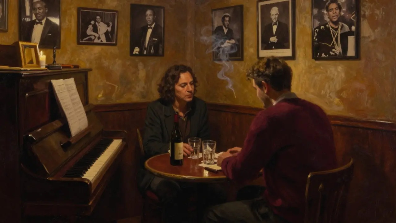 Two people enjoy quiet jazz in a dimly lit Parisian bar, candlelight glowing on wine glasses and a piano.