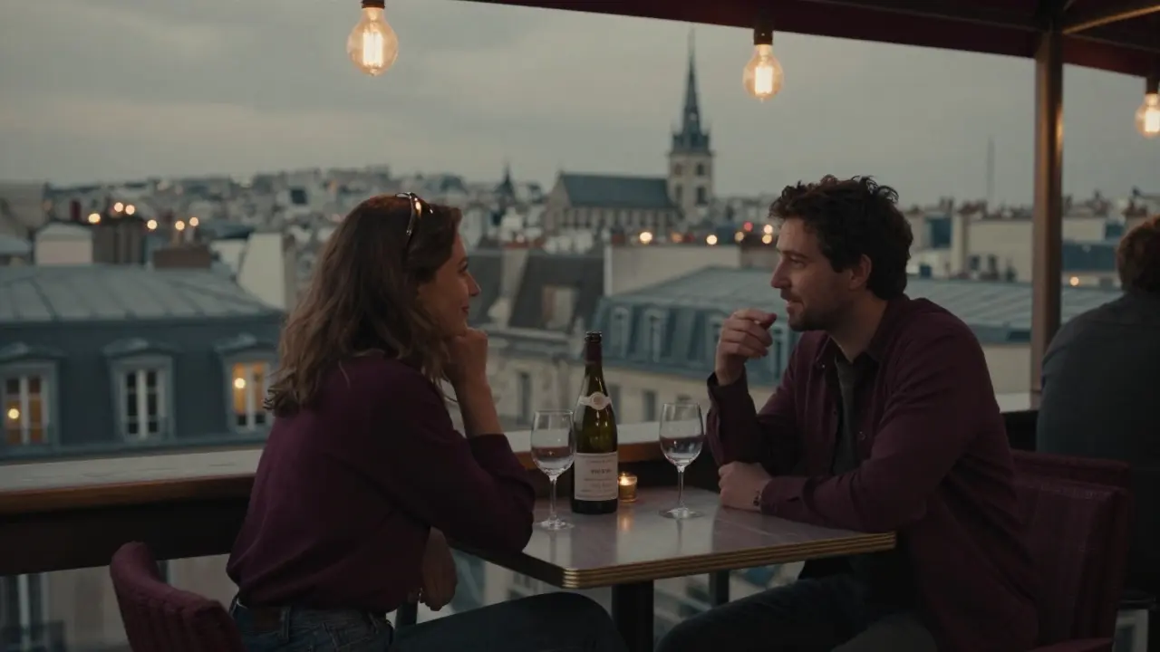 Two people enjoy wine at a quiet rooftop bar in Paris, city lights glowing behind them.