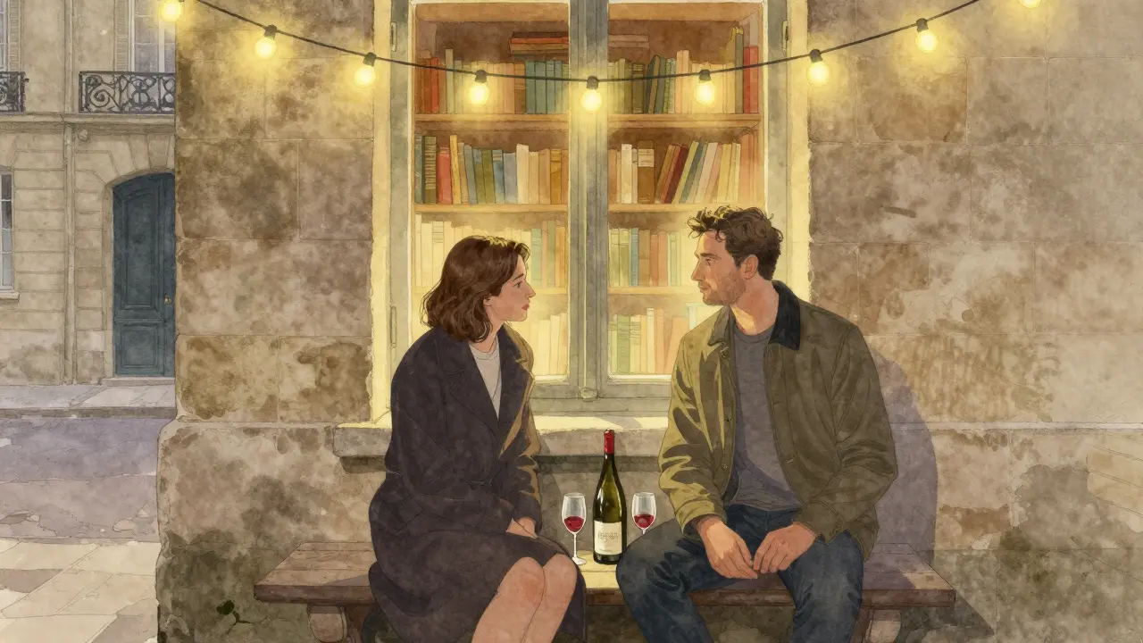 Two people sitting on a courtyard bench under fairy lights, sharing a bottle of wine.