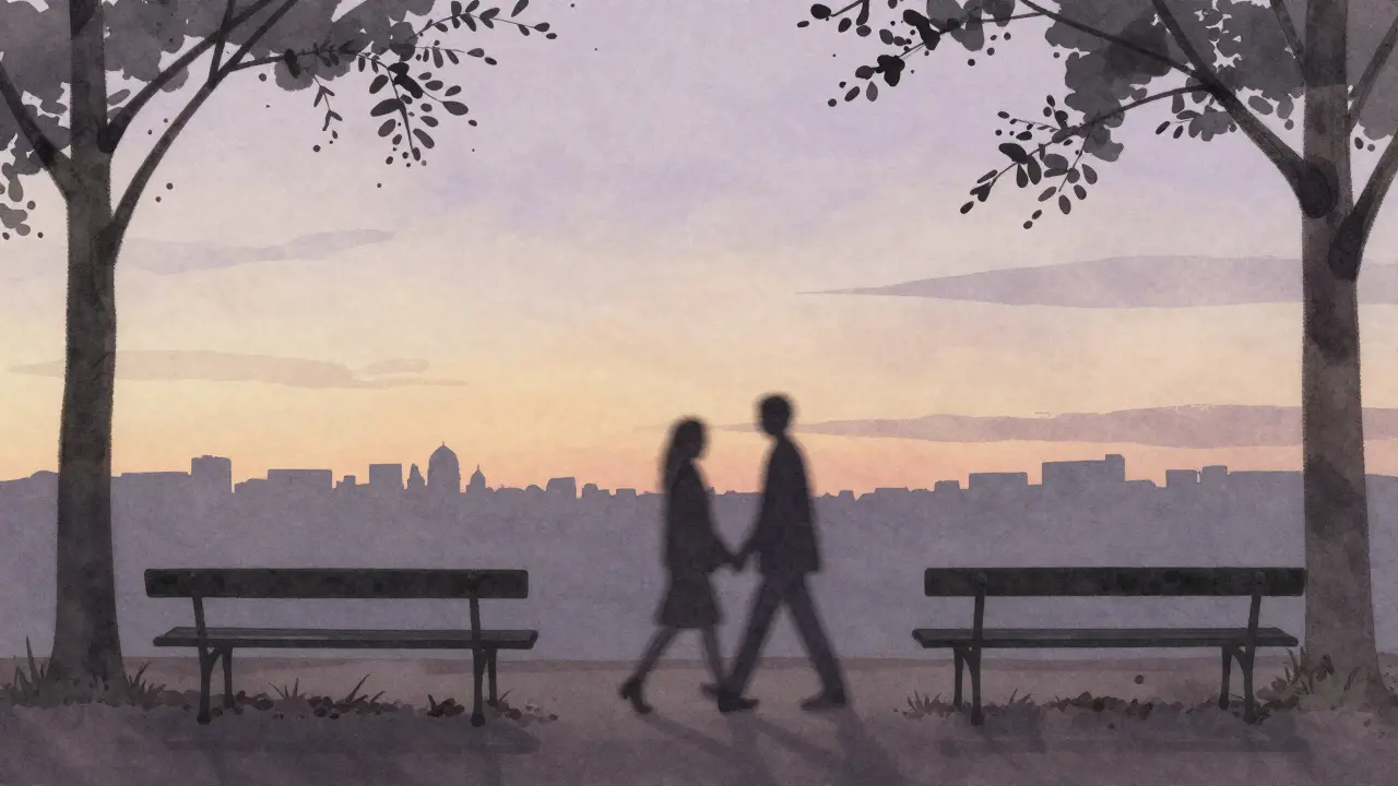 Two silent silhouettes stroll together at sunset along the Bois de Boulogne, the Paris skyline faintly visible in the distance.