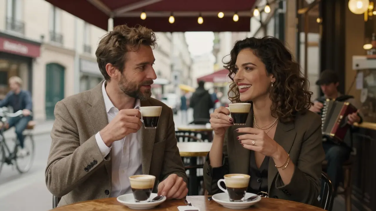 A client and escort sharing a quiet moment in a cozy Parisian café, laughing softly under warm string lights.