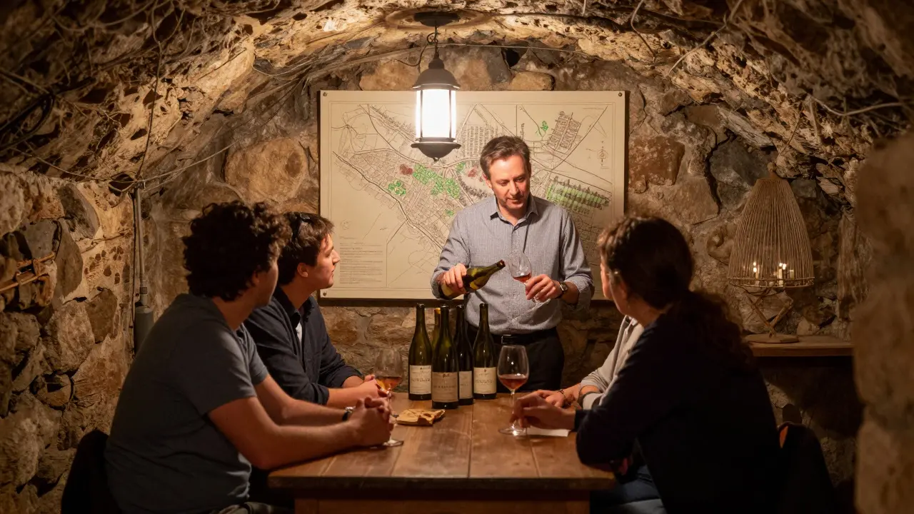 A companion pours wine in a hidden Parisian cellar, pointing to a hand-drawn map of vineyards.