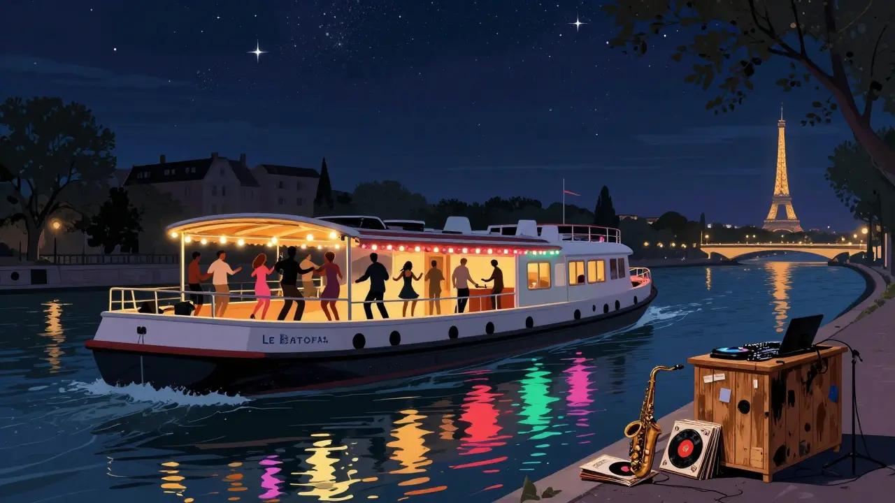 A converted barge on the Seine at night with people dancing under neon lights and starry sky.