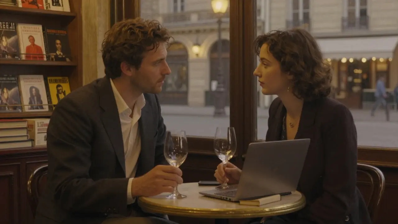A couple talking gently in a cozy Parisian café near Place de la République, soft lighting and books in the background.