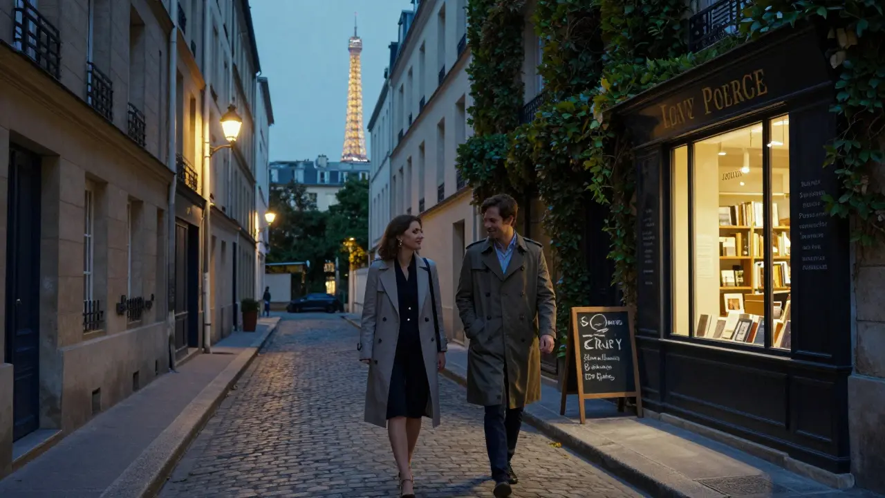 A couple walks down a charming Parisian street at dusk, passing a bookshop with glowing lights and the Eiffel Tower in the distance.
