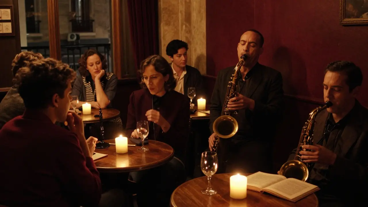 A cozy jazz club with candlelight, a saxophonist playing, and patrons swaying gently in dim amber glow.