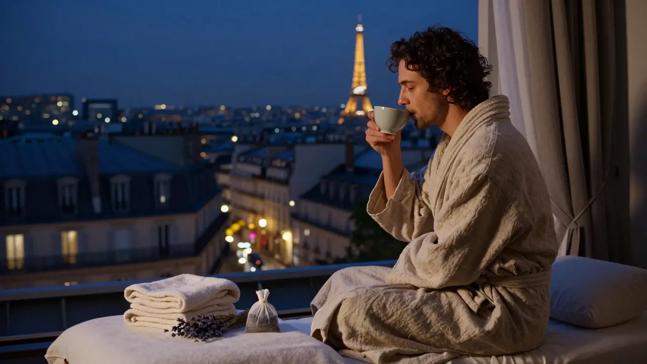 A guest sipping herbal tea after a massage, gazing at the midnight Paris skyline from a quiet rooftop sanctuary.