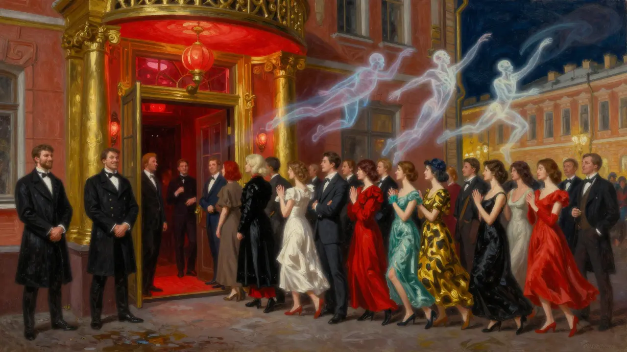 A line of people in bold outfits outside Raspoutine Paris, ghostly historical figures floating above the entrance at night.