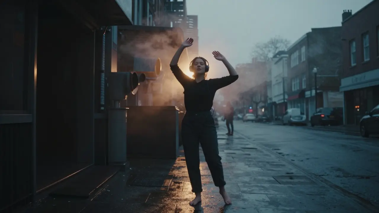 A lone dancer at sunrise outside a Manchester nightclub, headphones on, bathed in golden morning light.