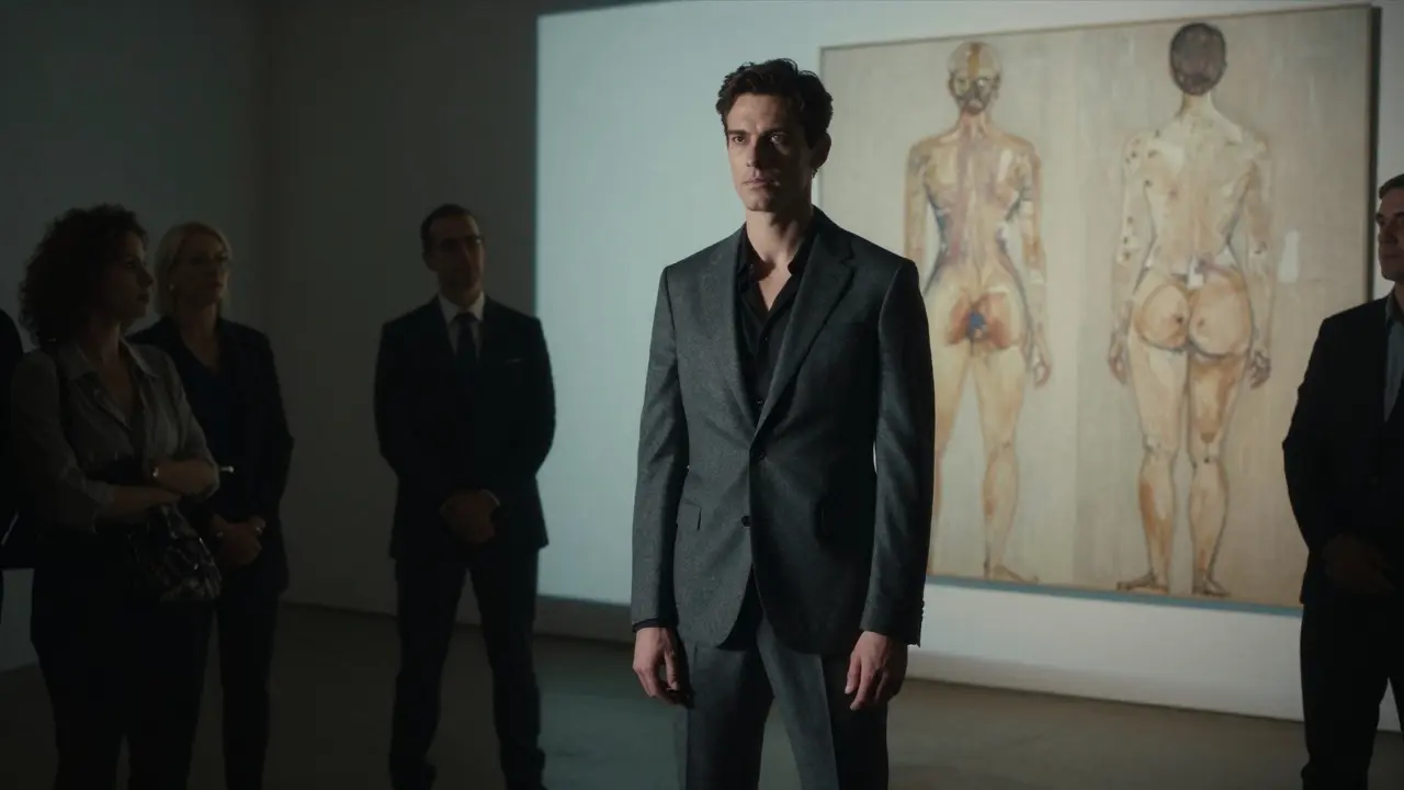 A male model stands motionless in a gallery, illuminated by a spotlight as observers watch in silence.