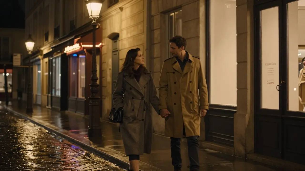 A man and woman walk peacefully along a Paris street at night, rain reflecting streetlights, quiet connection.