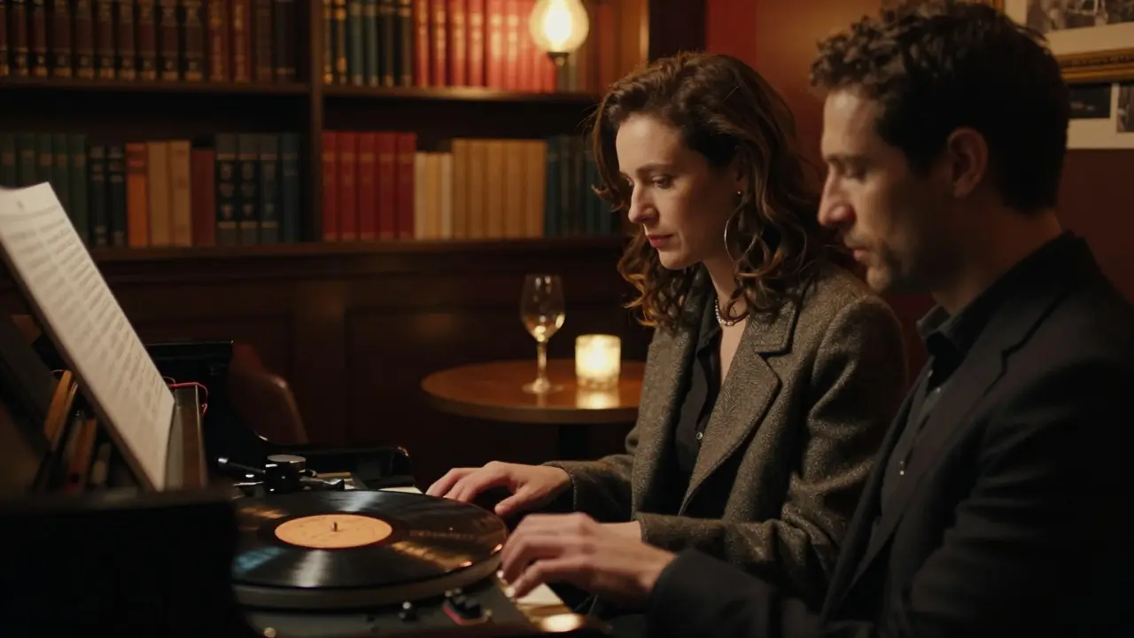 A man listens intently to a woman playing piano in a cozy, book-lined jazz club.