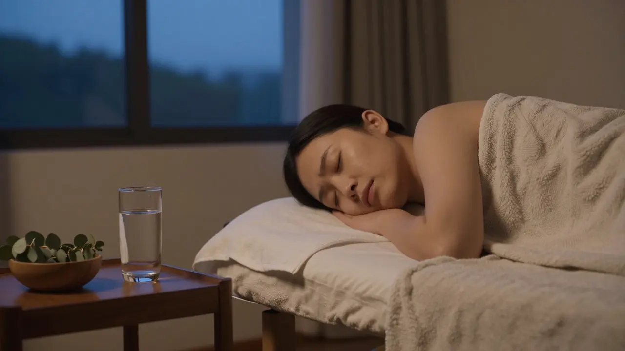 A person asleep on a massage table, peacefully relaxed, with water and eucalyptus nearby as twilight fades outside.
