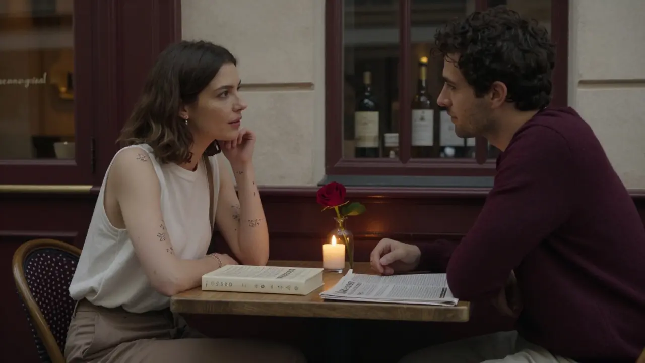 A quiet bistro table in Le Marais where two people share an intimate, wordless moment over candlelight.