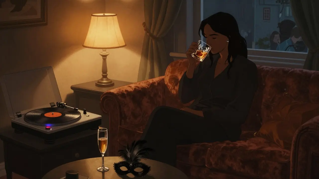 A quiet lounge at dawn with someone sipping whiskey on a velvet couch, vinyl record playing softly, dawn light creeping in.