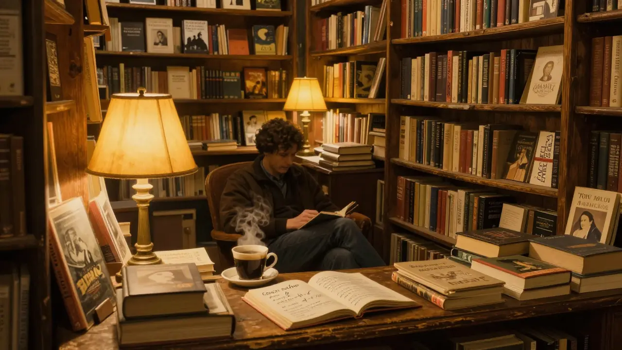 A reader curled in an armchair at Shakespeare and Company bookstore late at night, surrounded by shelves of old books and warm lamplight.