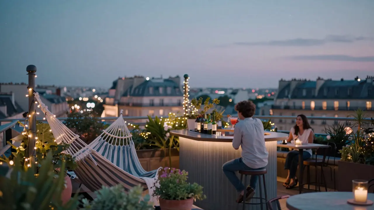 A rooftop garden bar at night with fairy lights, hammocks, and a person sipping a cocktail under the stars.