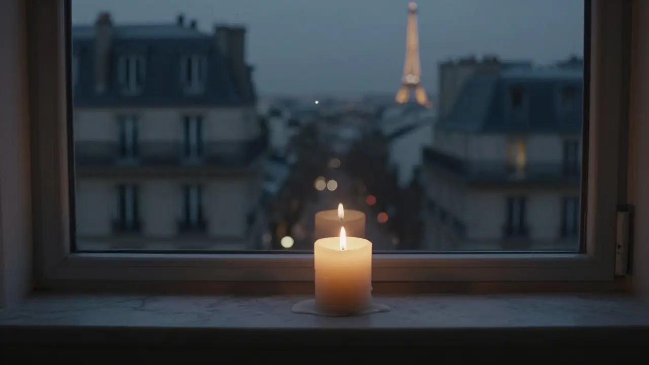 A single candle on a windowsill overlooking Paris at night, symbolizing presence and quiet emotional space.