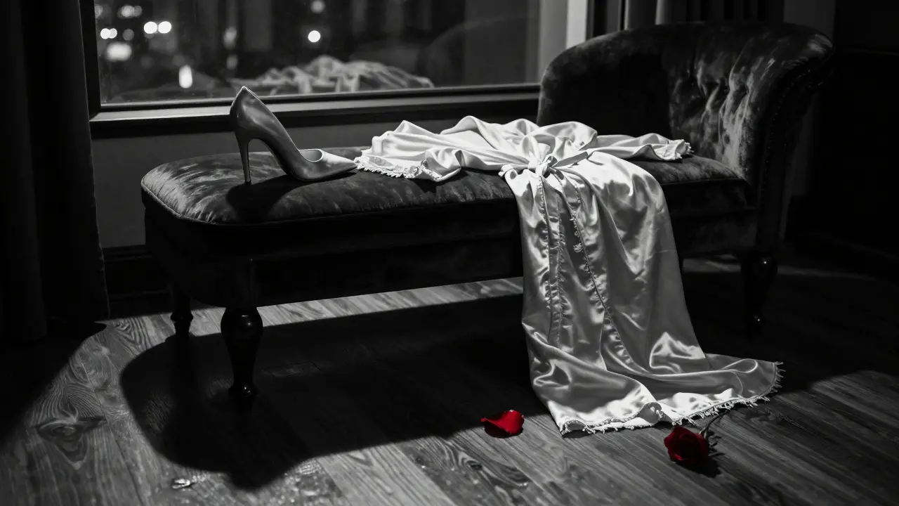 A single high-heeled shoe and rose petal on velvet, with city lights reflecting in the shadows—hinting at a private, intimate encounter.