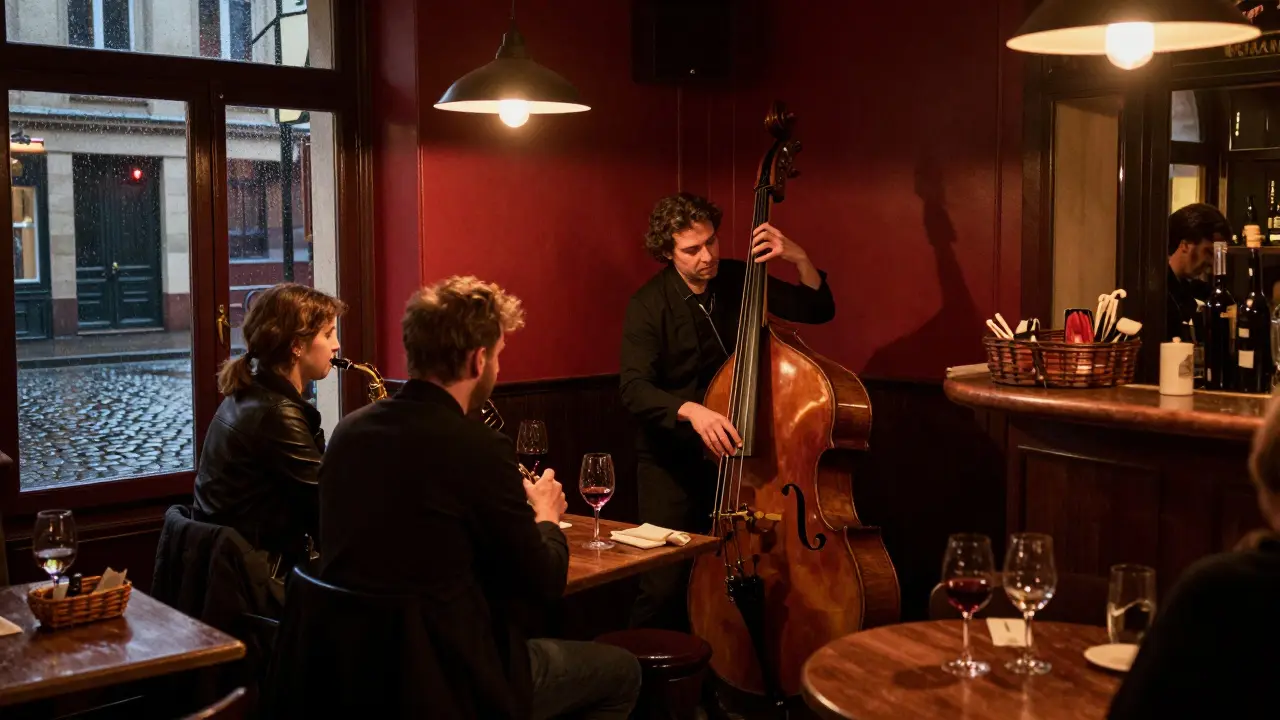 A small jazz trio performing in a dimly lit Parisian club, locals sipping wine at wooden tables under soft pendant lights.