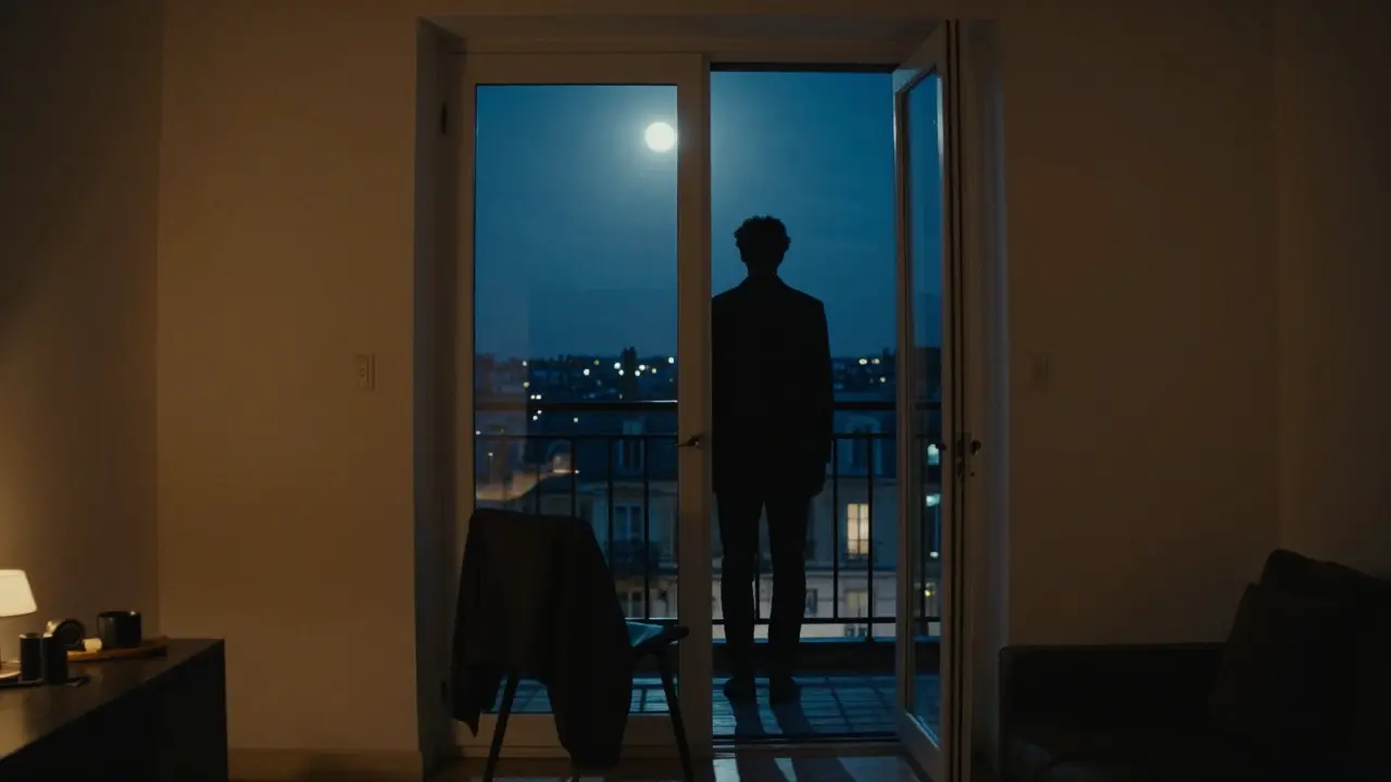 A solitary figure gazing out a window at night in a discreet Paris apartment, moonlight and lamplight blending softly.