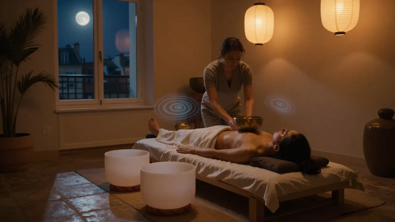 A sound bath massage session in Paris with singing bowls on a relaxed client, bathed in soft lantern light and moonlit rooftops.