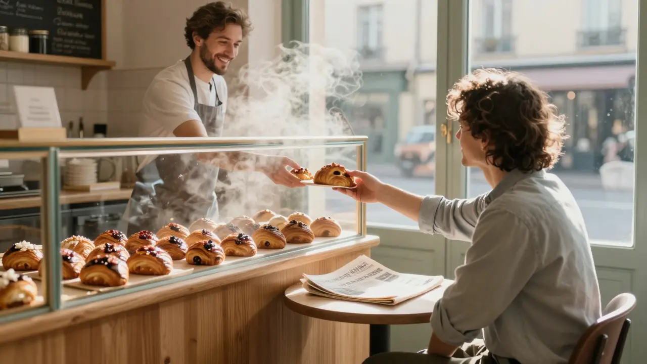 A traveler enjoys fresh pastries at a local Parisian bakery at dawn, sunlight streaming through the window.