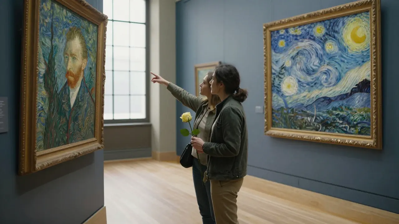 A visitor listens to a companion's quiet insight during a private museum tour, holding a single rose.