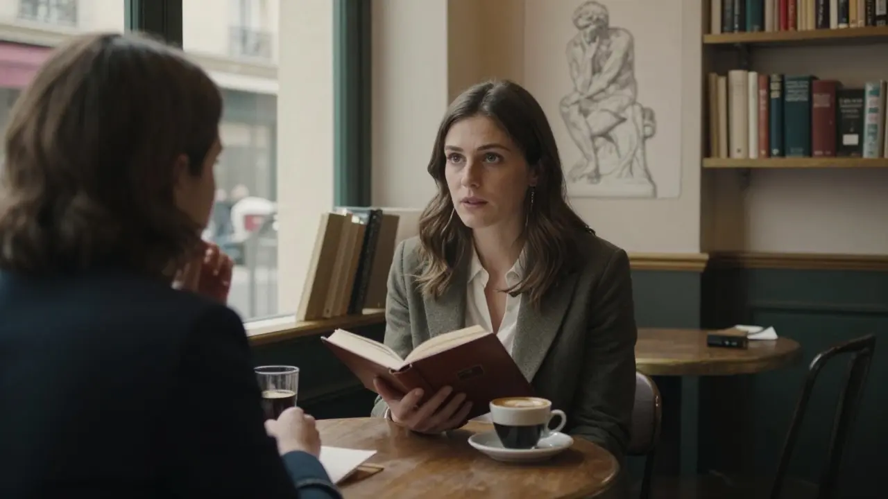 A woman in a Parisian café reads a book while talking thoughtfully with a client, soft light highlighting shelves of French literature.