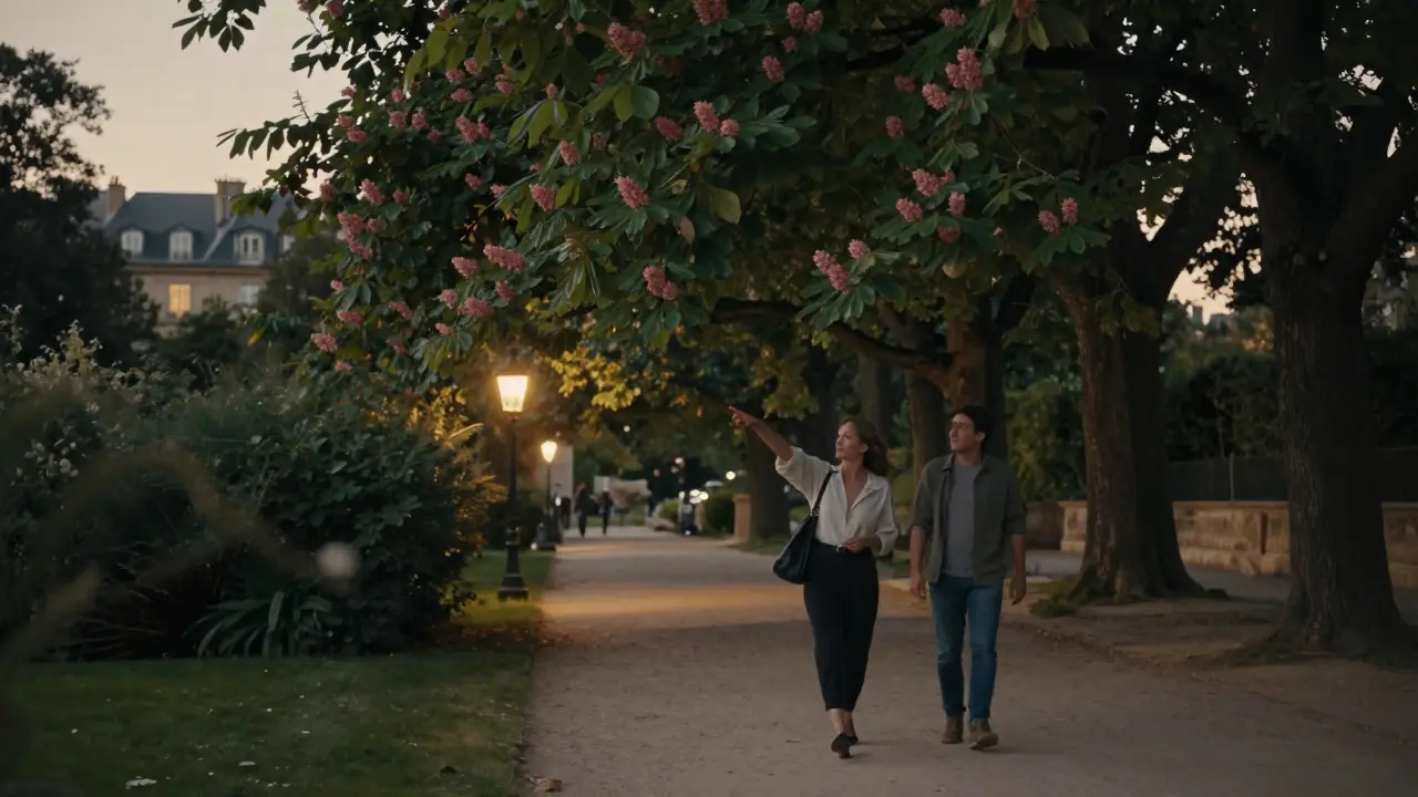 A woman points to an old chestnut tree in Jardin d’Acclimatation as her companion listens, dusk light filtering through trees, serene companionship.