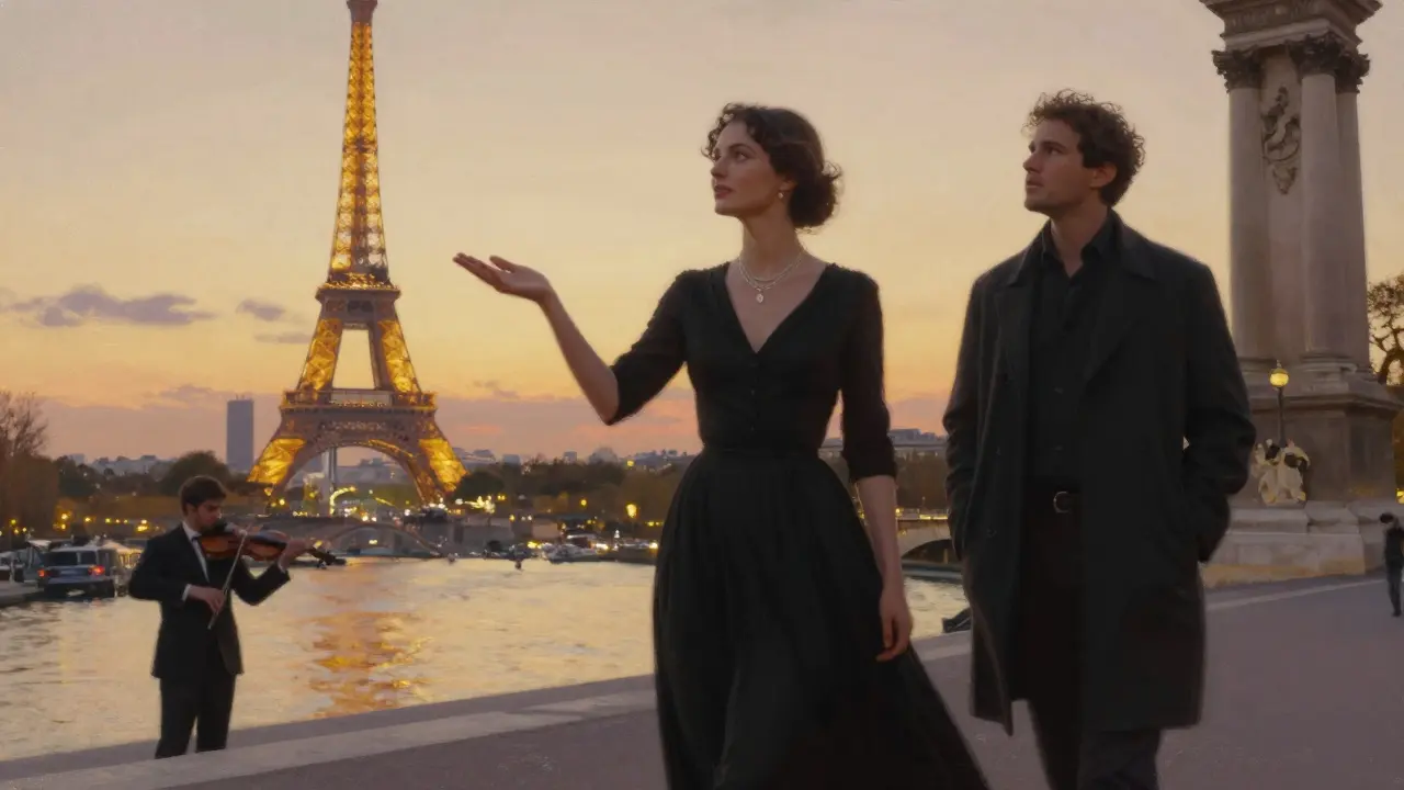 A woman points toward the Eiffel Tower at sunset as a man walks beside her on a grand Parisian bridge, the Seine reflecting golden light.