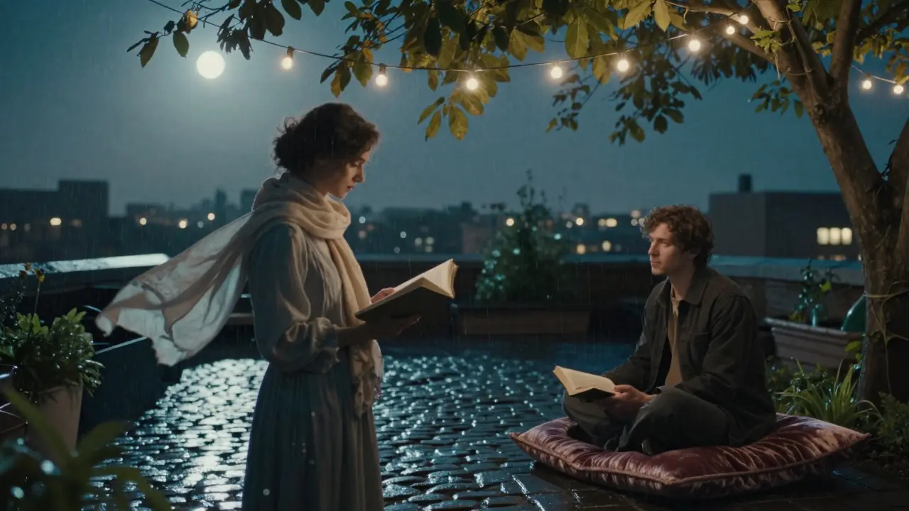 A woman reads poetry on a rooftop garden under string lights as a man listens in the moonlight.