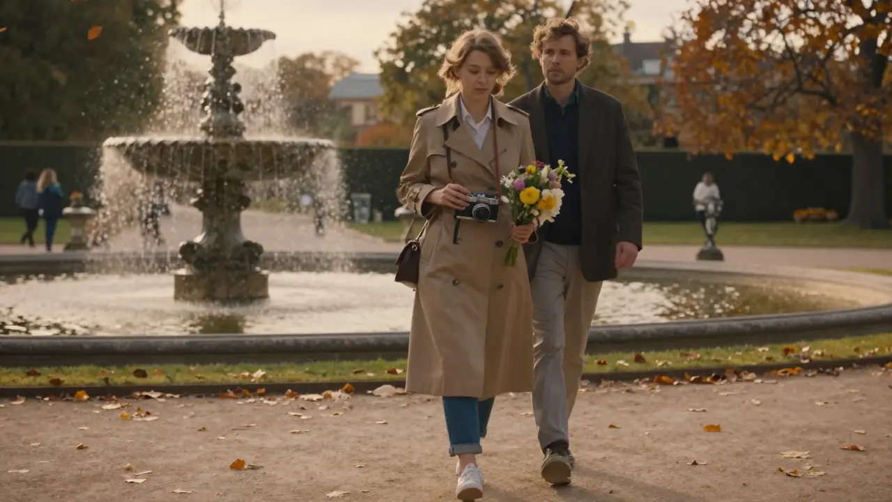 A woman walks through Luxembourg Gardens at sunset, holding a camera and flowers, accompanied by a companion as autumn leaves drift around them.
