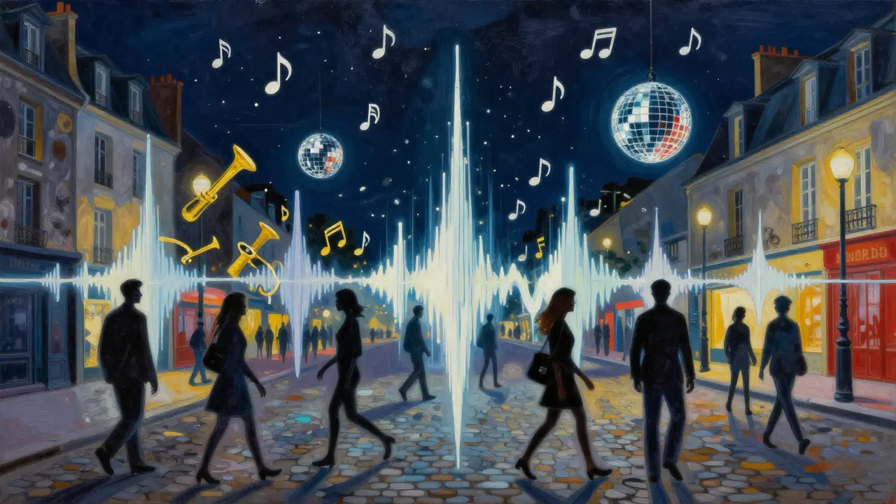 Abstract silhouettes of dancers connected by glowing soundwaves across Parisian districts.