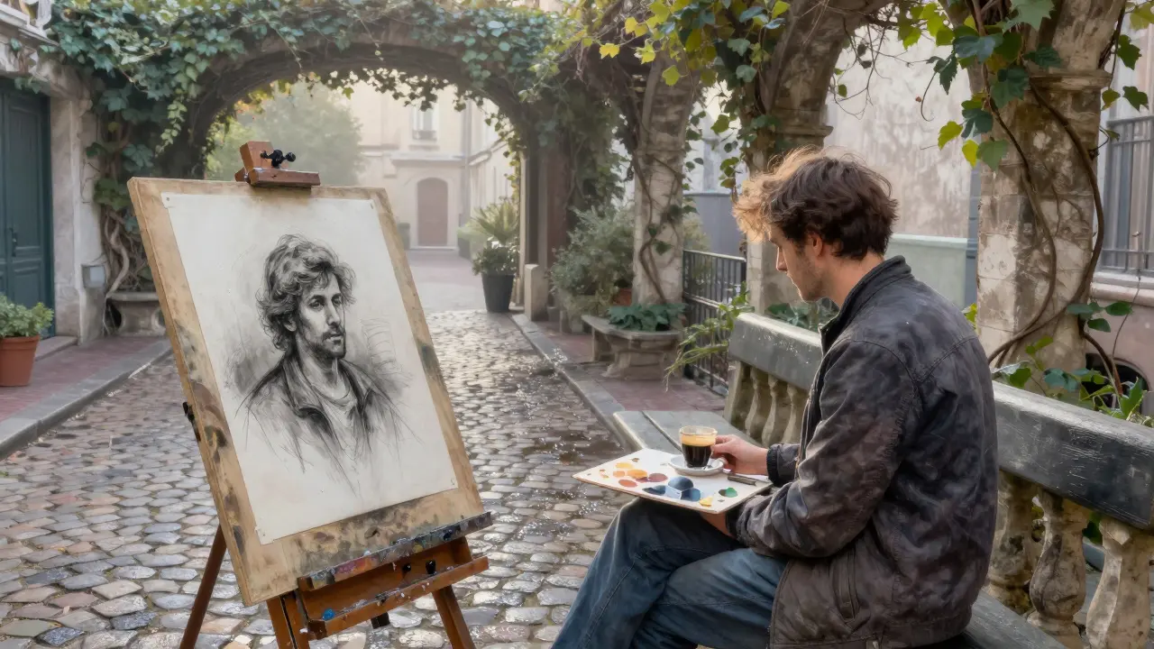 An artist sketches a client in a quiet Montmartre courtyard at sunrise, morning light filtering through ivy.