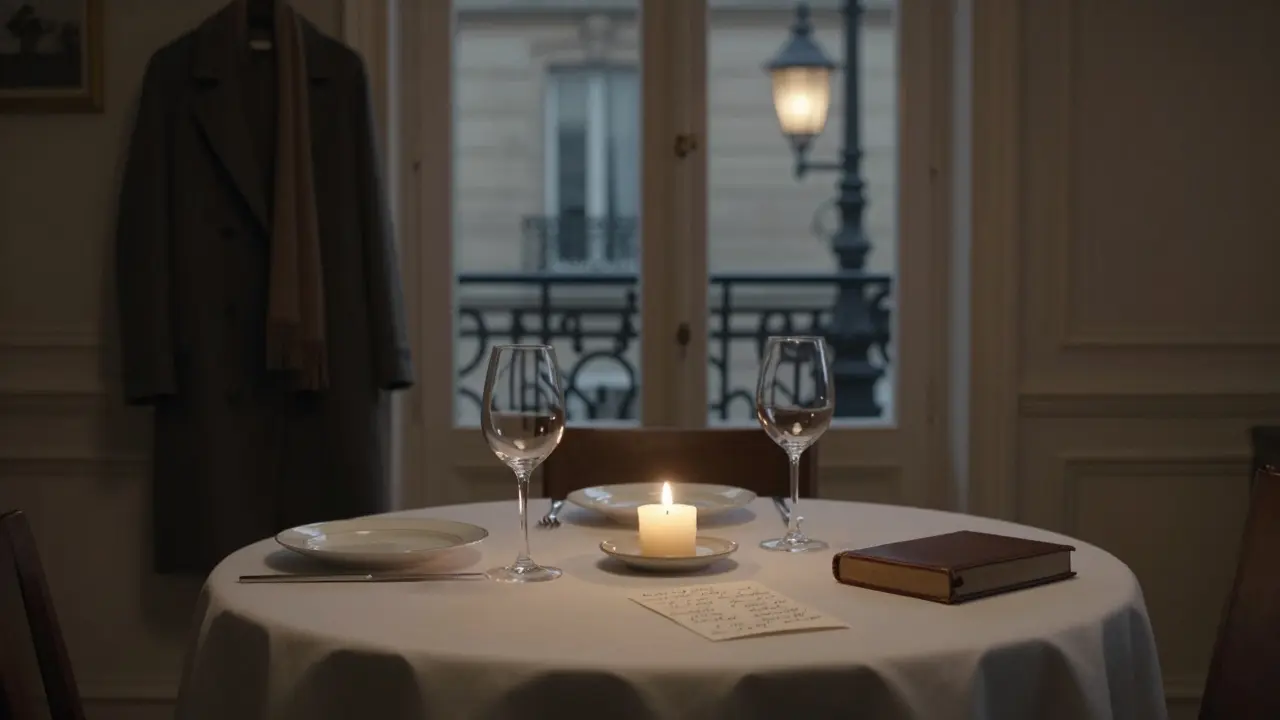 An empty dining table with a handwritten note and a book left behind, candlelight glowing softly in a quiet Parisian apartment.
