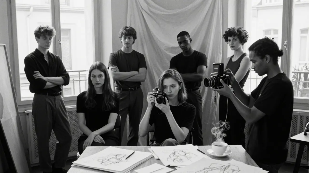 Diverse models hold silent poses in a Montmartre studio, lit by natural light, as a photographer prepares a large-format camera.