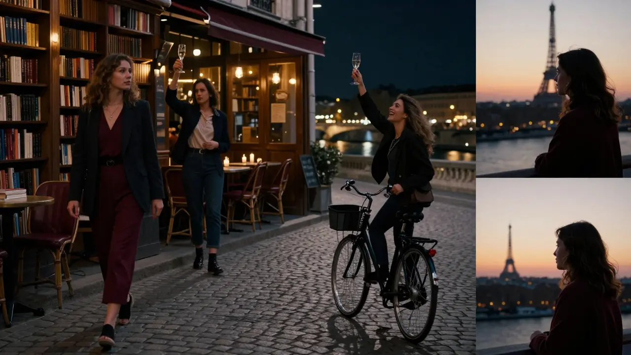 Four scenes show a companion sharing intimate moments in Paris — poetry, dinner, biking, and sunrise.