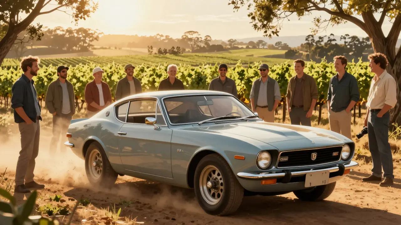 Group of friends gathered around a vintage car in the Yarra Valley during golden hour.